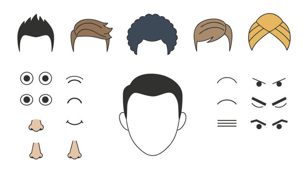 Vector face creator kit with various hairstyles, eyes, eyebrows, noses, and mouth shapes for personal avatar design.