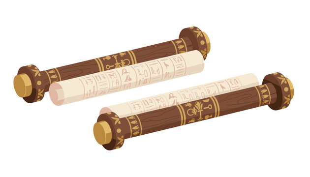 Two antique ancient Egyptian papyrus scrolls with hieroglyphics rolled on wooden rods isolated on a white background.
