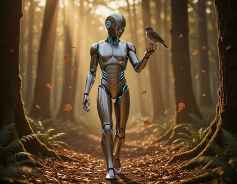 Robo-Bird Walks Through Golden Forest