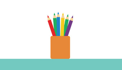 Fototapeta premium Set of sharp colorful pencils standing inside a simple orange holder on a bright turquoise surface and white background.