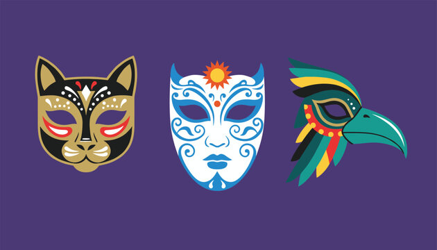 Set of three colorful festival masks including cat face sun goddess and tropical bird on dark purple background.