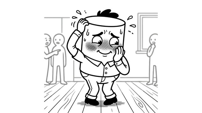 Anxious character feeling nervous and sweating indoors in a stressful situation with people watching.