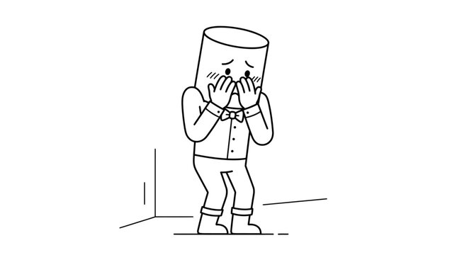 Sad character standing in a corner, hiding face in shame or embarrassment, isolated white background.