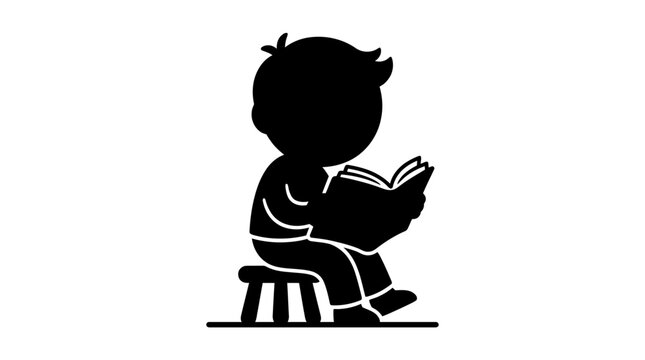 Silhouette of a focused boy sitting on a stool and reading a book, isolated white background.