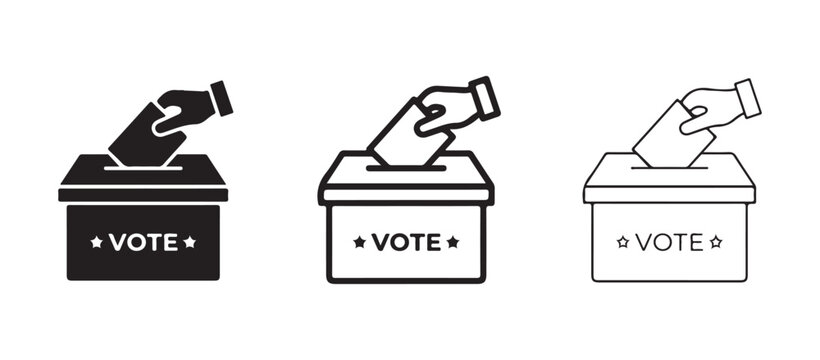 vote icons with hands casting ballots into boxes with vote text and stars on the front  representing democracy and elections