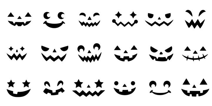 Halloween pumpkin face silhouette collection featuring spooky jack o lantern expressions, isolated vector illustration set for decorations, stickers, crafts, templates, and seasonal designs.