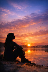 Fototapeta premium A contemplative person enjoying a sunset by the water, with birds flying overhead and reflecting off the water's surface.