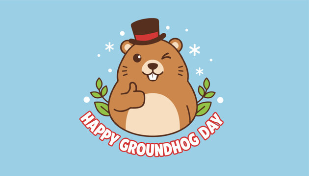 Cute cartoon groundhog character wearing a top hat and giving a thumbs up to celebrate happy groundhog day.
