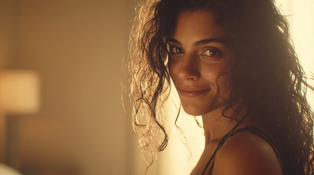 Smiling woman in soft glow, Beautiful brunette with subtle makeup in warm ambiance