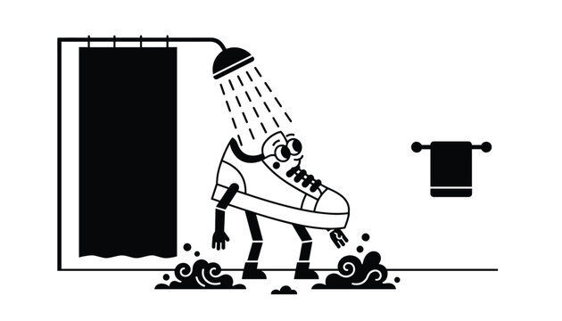 Minimalist black and white cartoon of a funny sneaker character washing off dark mud under a running shower head.