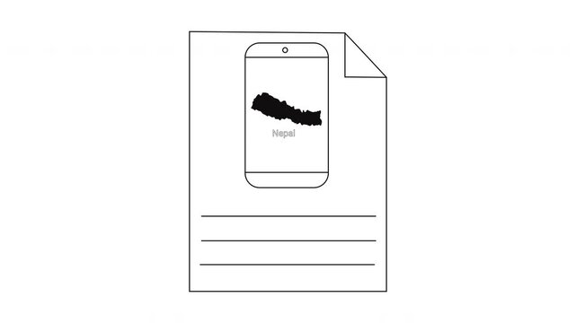 Outline drawing of a document with a smartphone displaying Nepal map.