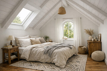Fototapeta premium Beautiful attic bedroom with skylights and white decor.