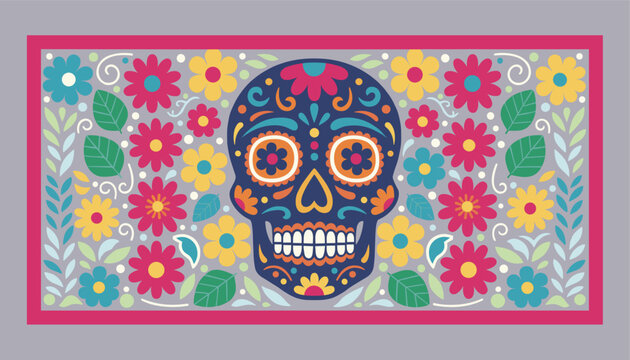 Mexican Day of the Dead sugar skull decorated with colorful flowers and leaves pattern design on gray background.