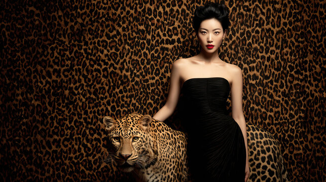 Confident woman walking shoulder-to-shoulder with a majestic leopard