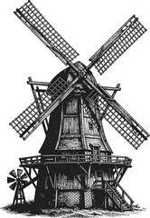 Obraz premium Traditional Dutch windmill in black and white line drawing style, representing rural landscape, agriculture, and historical architecture, agricultural industry concept