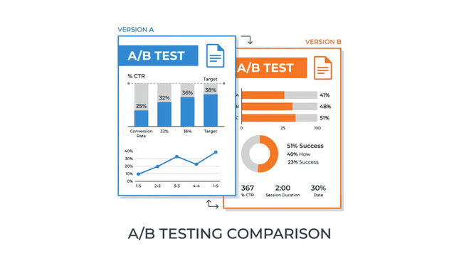 Detailed A B testing infographic with analytical charts.