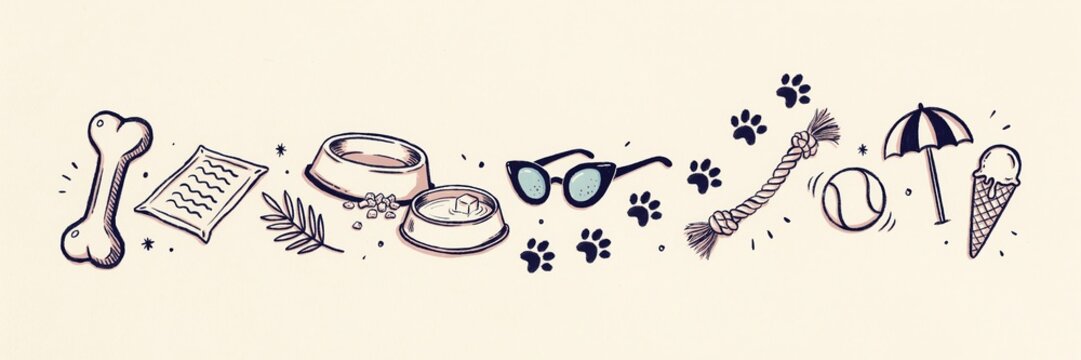Hand drawn doodle illustration of dog and summer accessories. Pet vacation panoramic background with bone toys and sunglasses. Copy space for text