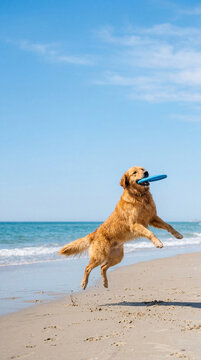 Vertical photo of a golden retriever jumping to catch a blue frisbee on a sandy beach. Active dog playing by the ocean on a sunny summer day