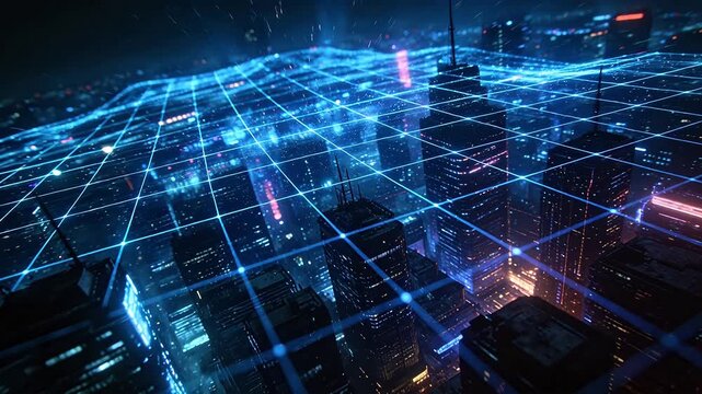 Cyberpunk cityscape at night with digital grid on buildings and vibrant neon lights