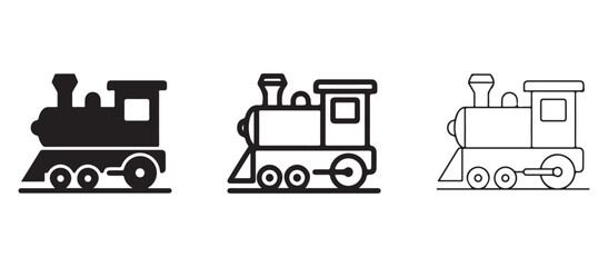 Train locomotives in different styles and colors  black silhouette and outline icons  transportation symbols  train engine designs © Bhuiyan