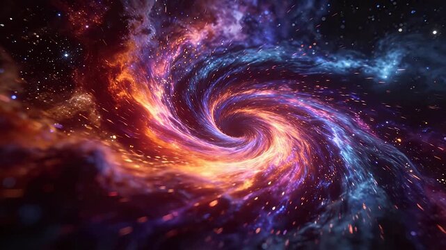 Colorful rotating spiral galaxy with red and purple cosmic nebula in deep space
