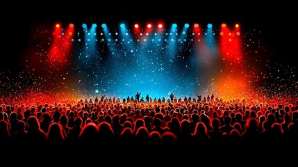 Obraz premium Dynamic Concert Crowd Silhouettes with Vibrant Stage Lights and Particle Effects Illustration