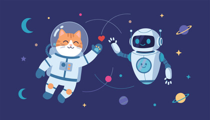 Fototapeta premium Cute cartoon astronaut cat and space robot high-fiving with a glowing red heart in a dark starry galaxy background.