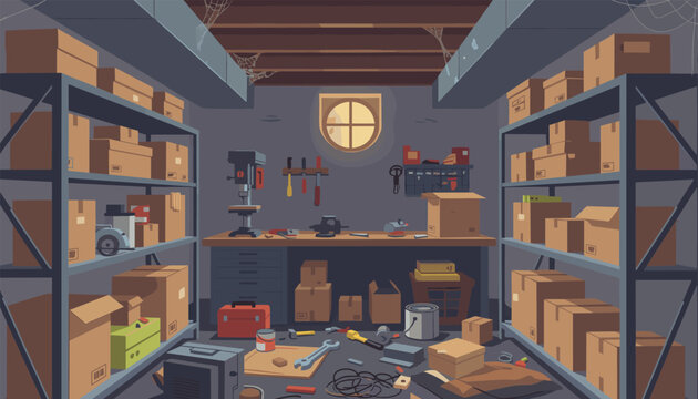 Messy basement storage room and workshop filled with cardboard boxes on metal shelves, tools on a workbench, and cobwebs.