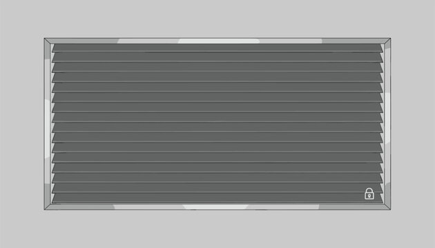 Closed grey security roller shutter gate with a small padlock icon in the corner on a clean grey background.