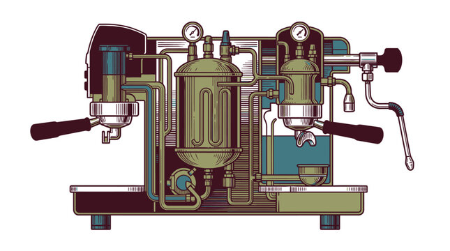 Vintage industrial steam engine pump vector illustration with valves and gauges.