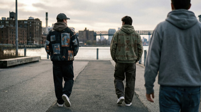 Three friends walking toward river and bridge at dusk in relaxed urban waterfront scene