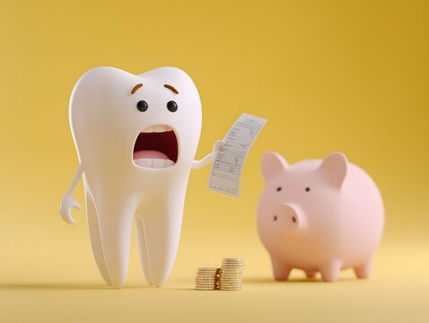 Funny 3D tooth character with shocked expression looking at huge dental bill invoice, empty piggy bank nearby, dental anxiety concept, yellow background