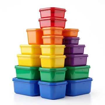 Stack of colorful plastic food storage containers arranged in a pyramid shape. multicolored plasticware