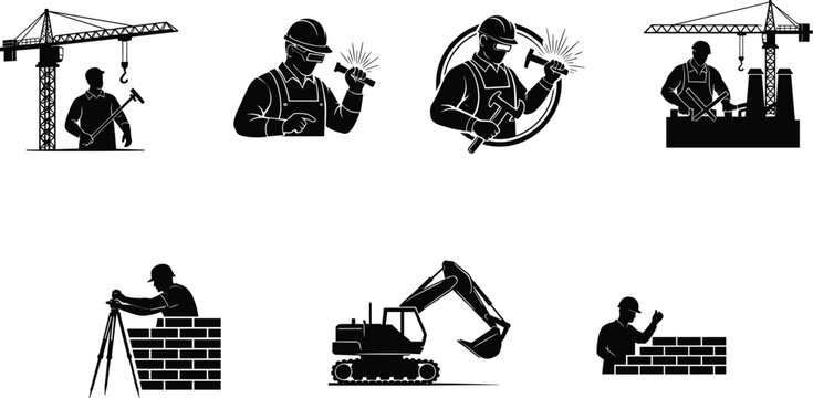 Silhouette set of construction workers and heavy machinery including welders, bricklayers, excavators, and cranes for commercial building projects