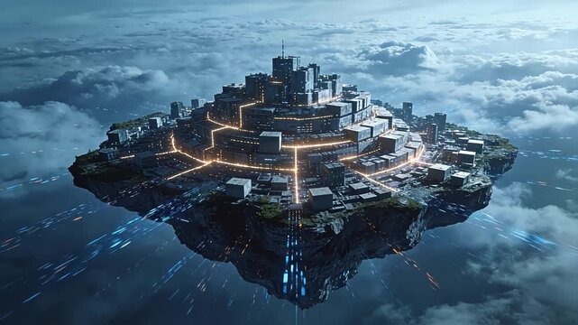 Floating futuristic circular city on island above clouds with glowing connections