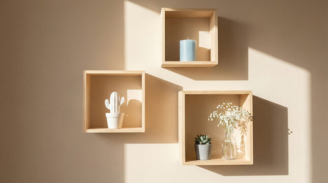 Minimalist wooden square shelves on beige wall with sunlight and shadows minimalist interior floating sunlight arrangement apartment lifestyle shelving