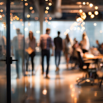 Blurred Modern Office Interior with Business People Walking in Open Workspace