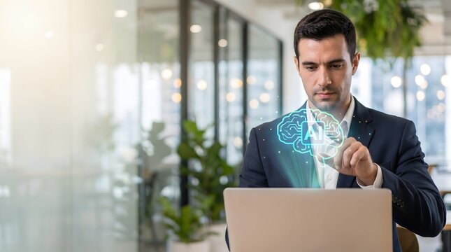 Businessman using a laptop displaying a glowing digital brain hologram for smart corporate strategy.