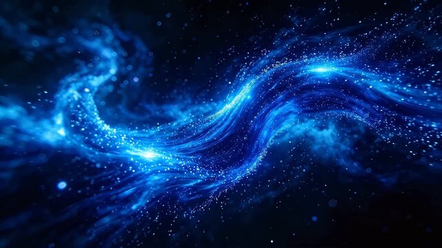 Deep space scene with blue nebula and rotating shining starlight ribbons