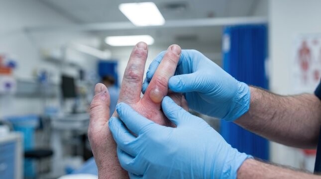 Close-up of swollen fingers showing signs of frostbite and blistering, being carefully examined by a doctor wearing blue medical gloves. 