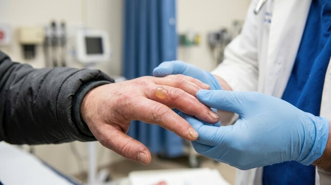 Close-up of swollen fingers showing signs of frostbite and blistering, being carefully examined by a doctor wearing blue medical gloves. 