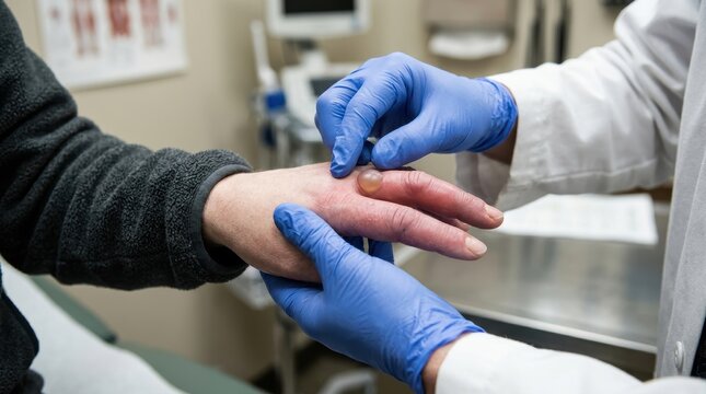Close-up of swollen fingers showing signs of frostbite and blistering, being carefully examined by a doctor wearing blue medical gloves. 