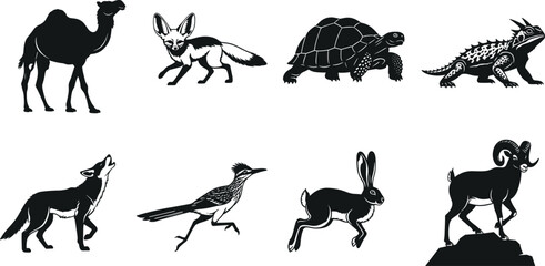 Vector silhouette collection of desert animals featuring camel, coyote, fennec fox, roadrunner, tortoise, and bighorn sheep for commercial design © urmilarani