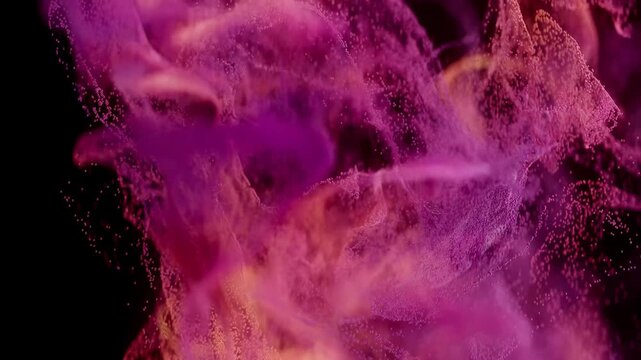 Abstract flowing particle mesh with glowing magenta and orange dots on dark background. 3D render