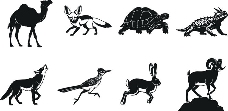 Vector silhouette collection of desert animals featuring camel, coyote, fennec fox, roadrunner, tortoise, and bighorn sheep for commercial design