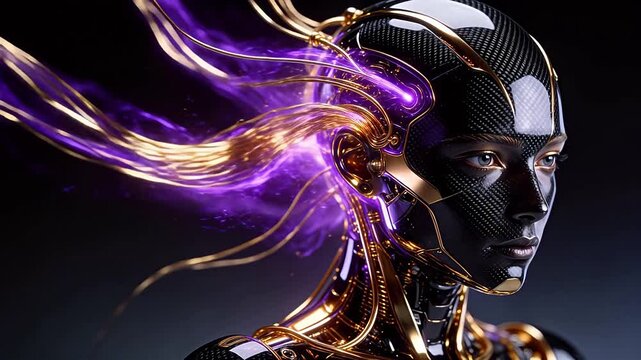 Futuristic humanoid robot head with gold details and purple energy streams on dark background