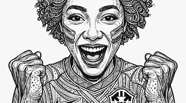 Detailed soccer player coloring page illustration of a joyful Brazilian woman athlete in a victory celebration with intricate patterns for adults.