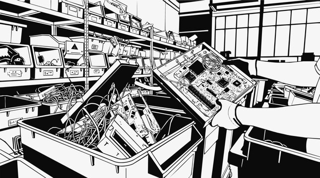 Technician handling a circuit board in an electronic waste recycling facility warehouse filled with e-waste bins and various hardware components.