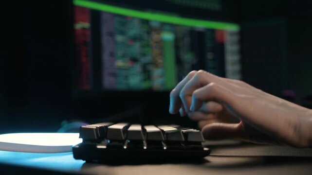 Programmer typing on split ergonomic mechanical keyboard in dark room close up Close up of software engineer hands typing code on a custom mechanical keyboard.