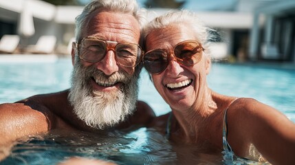 Fototapeta premium Happy senior couple wearing stylish sunglasses laughing while taking a fun selfie inside a bright blue luxury swimming pool water